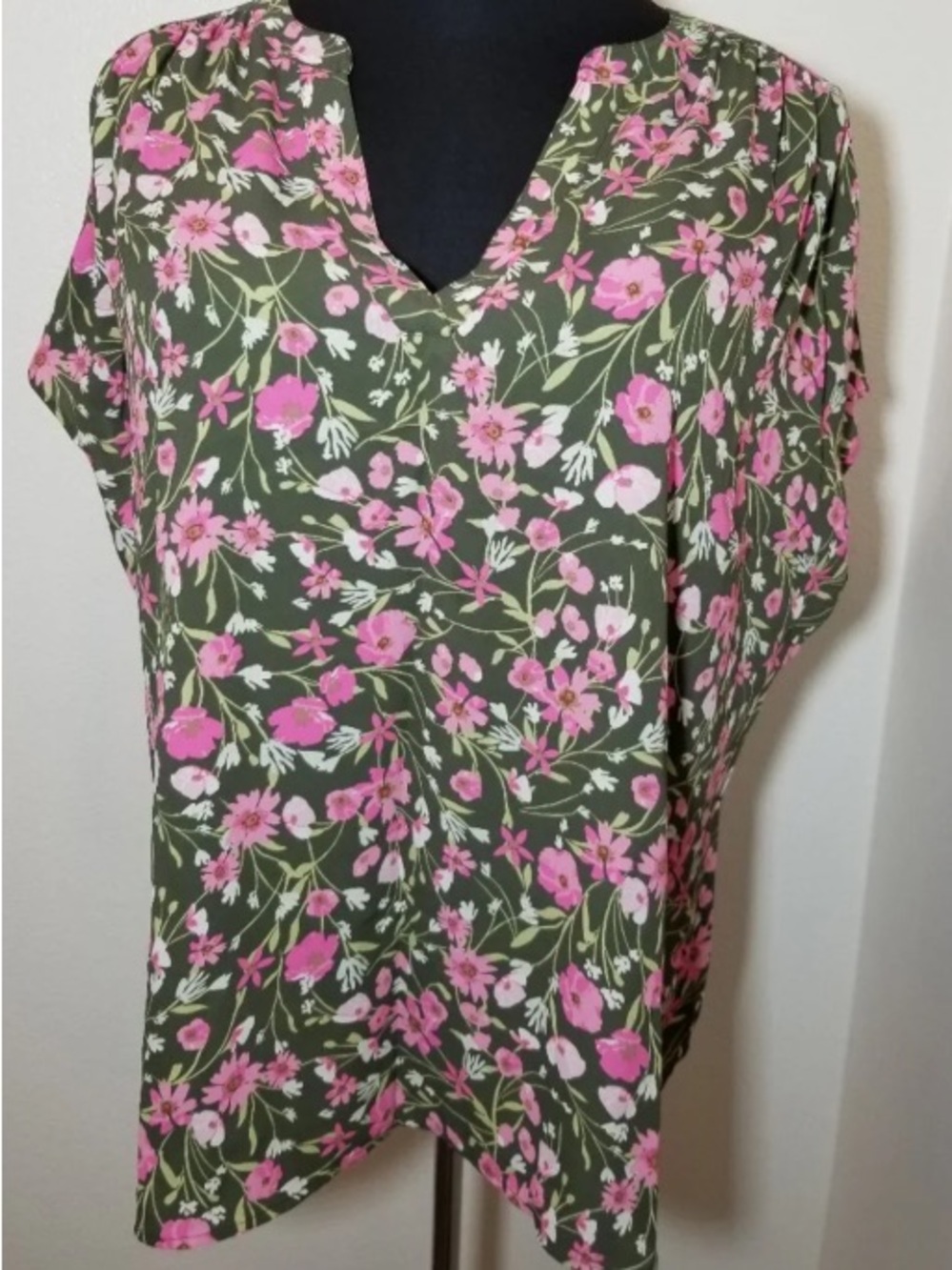 Olive Green Floral V-Neck Blouse with Pink Bloom Print
